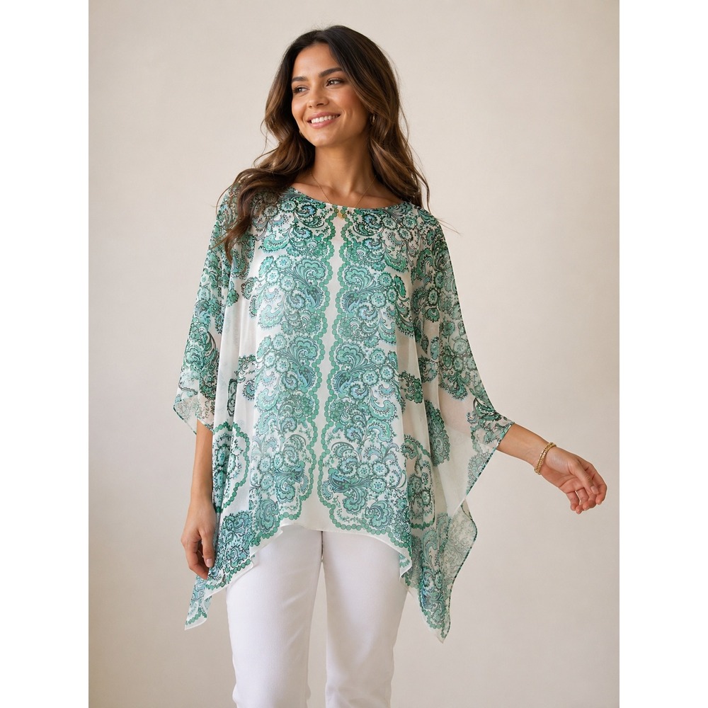 Ann Taylor Green Paisley Sheer Poncho Blouse Boho Resort Beach Coastal Chic XS/S